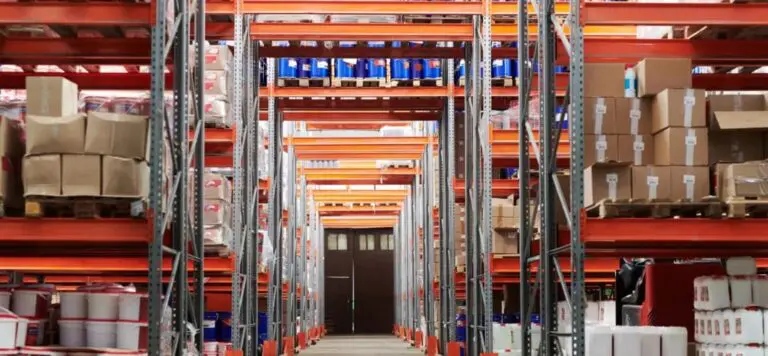 warehouse shelves with parcel boxes