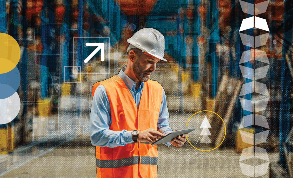 Man on tablet in warehouse with arrow pointing up, representing how technology improves inventory management