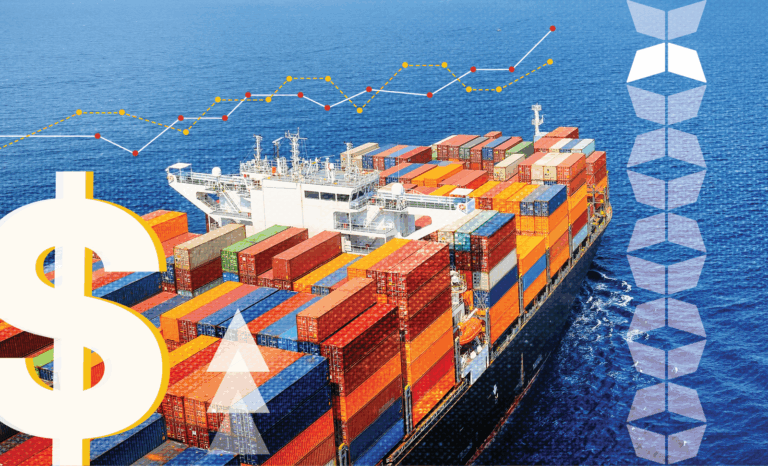container ship with containers on ocean shipping route with a dollar sign, representing the factors that affect freight rates