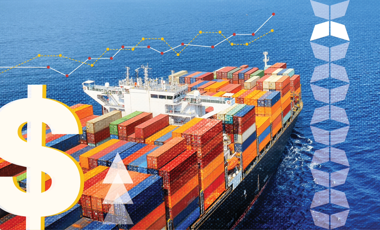 container ship with containers on ocean shipping route with a dollar sign, representing the factors that affect freight rates