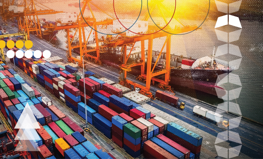 container port with trucks and a ships, representing the advantages of multimodal transportation in 2026