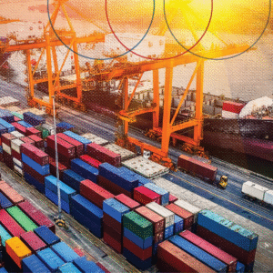 container port with trucks and a ships, representing the advantages of multimodal transportation in 2026