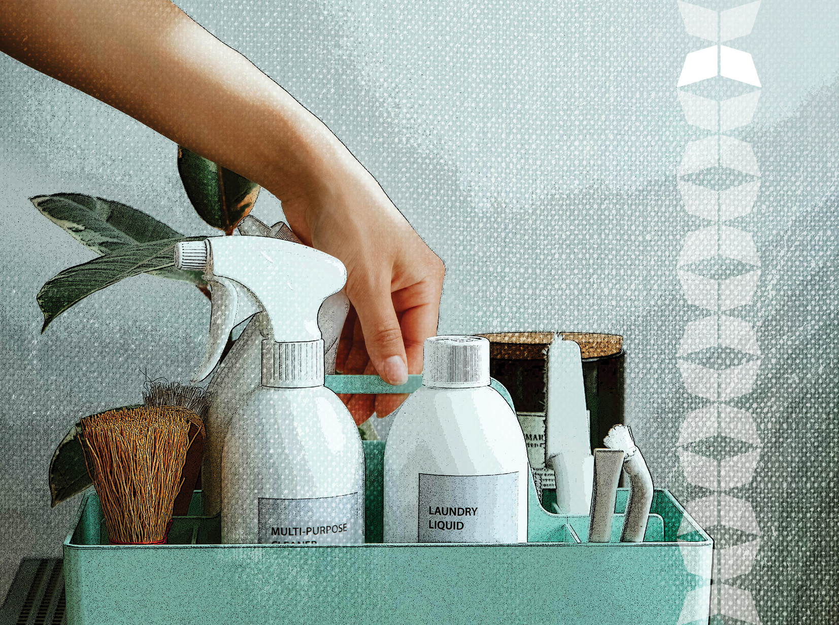 Hand reaching for cleaning supplies