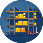 icon of warehouse shelves with forklift