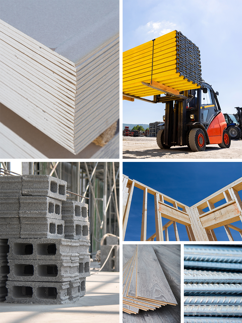 Construction materials and equipment collage