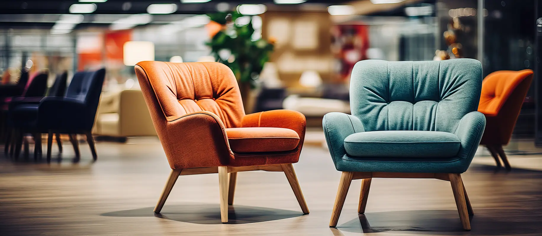 Modern wooden lounge chair with stylish upholstery in a furniture store