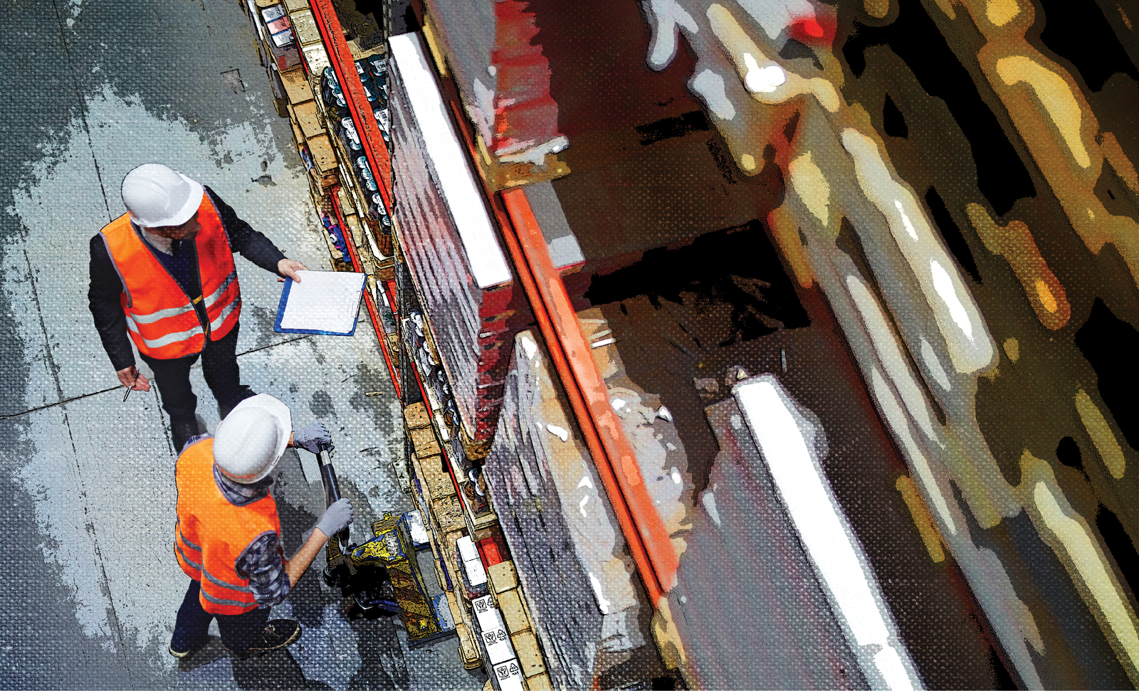 Warehouse workers inspecting inventory shelves.