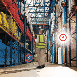 employee in warehouse with lightning bolts, representing warehouse challenges