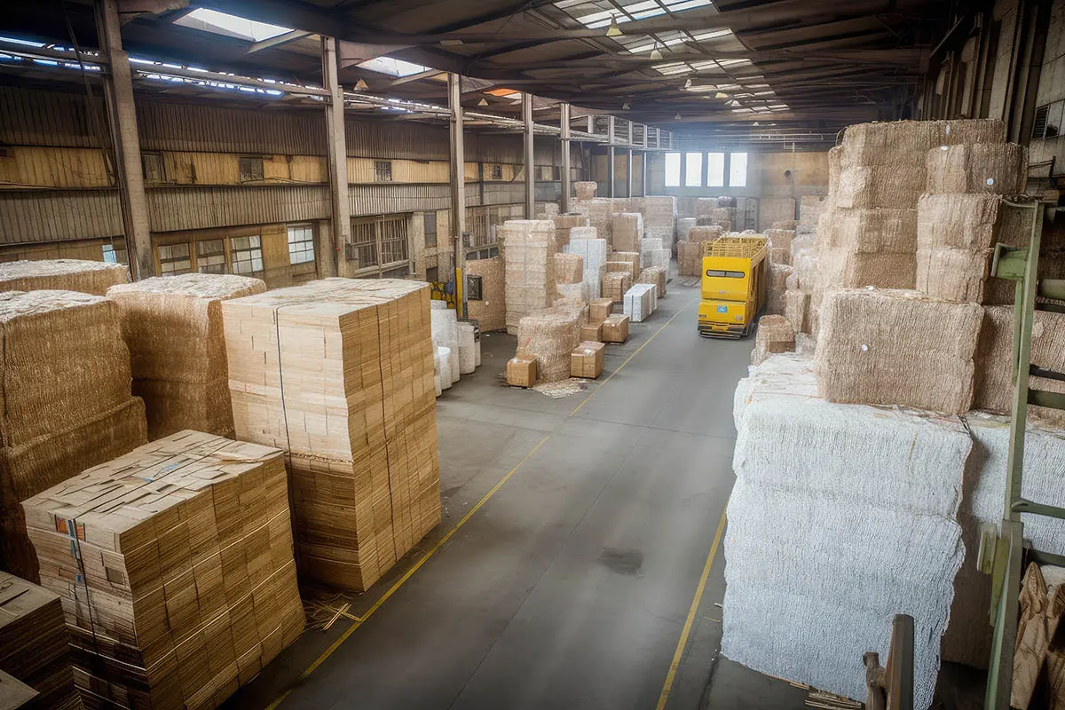 pulp and paper mill warehouse, with stacks of raw materials and finished products