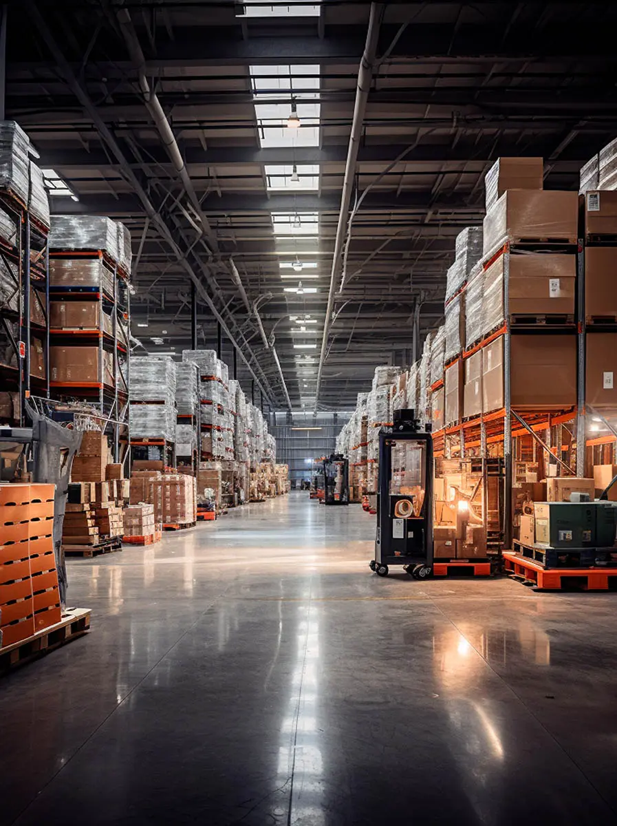 Spacious warehouse filled with stacked boxes