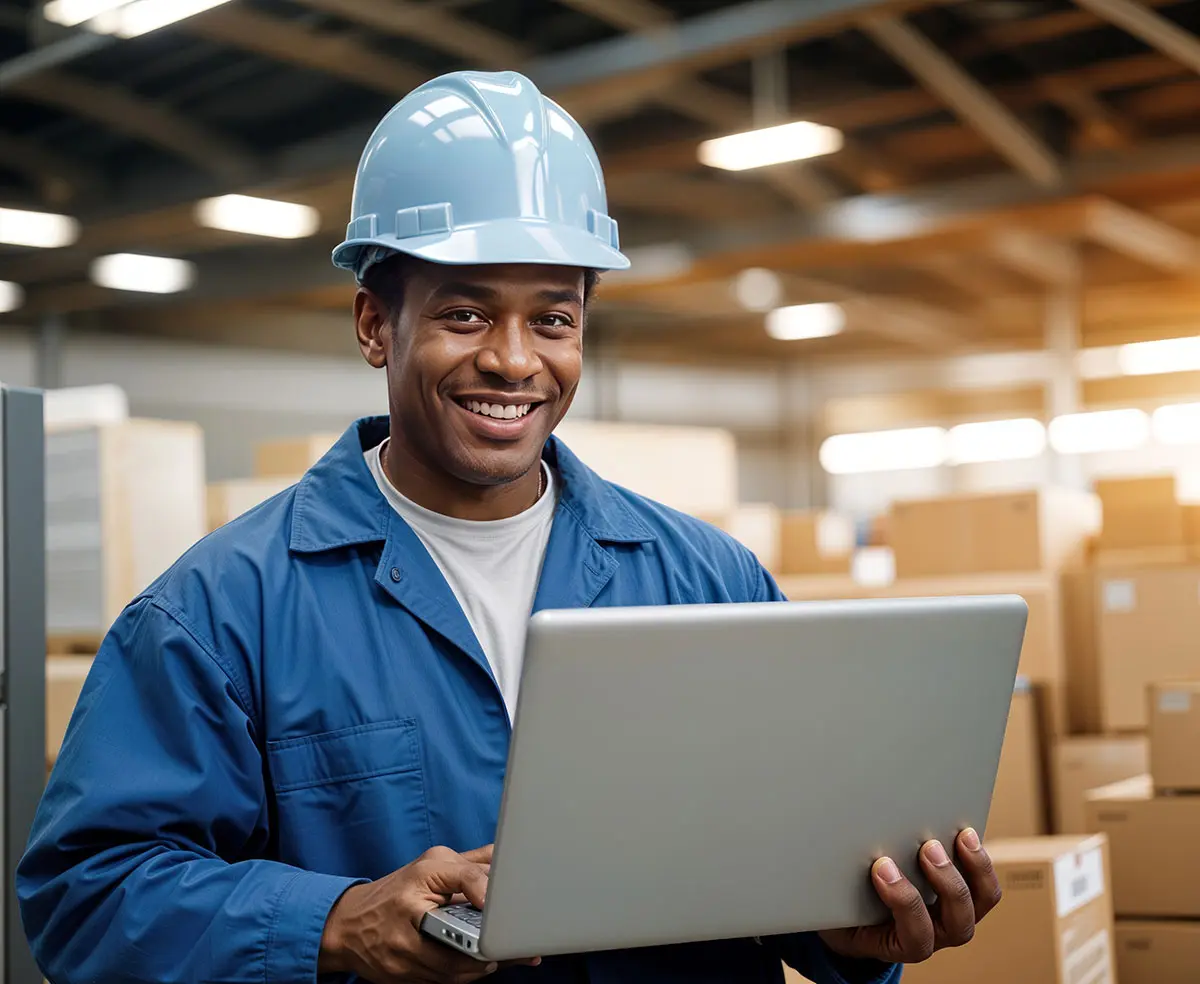 Warehouse worker using laptop technology.