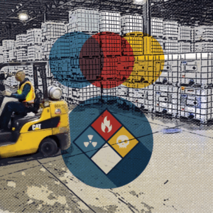 chemical storage warehouse with forklift and symbol for hazardous materials, representing the importance of using best practices for hazmat shipping