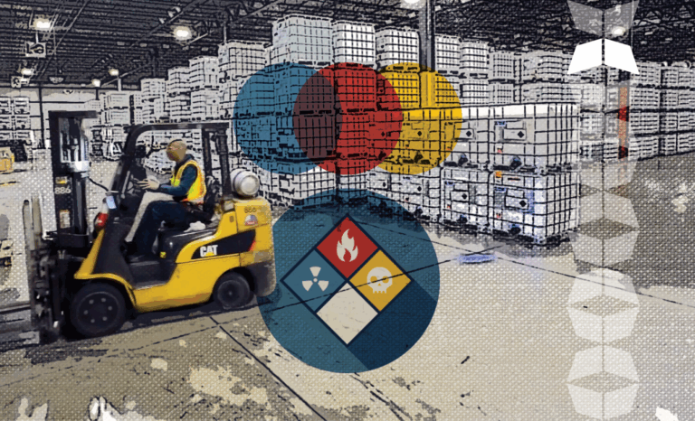 chemical storage warehouse with forklift and symbol for hazardous materials, representing the importance of using best practices for hazmat shipping