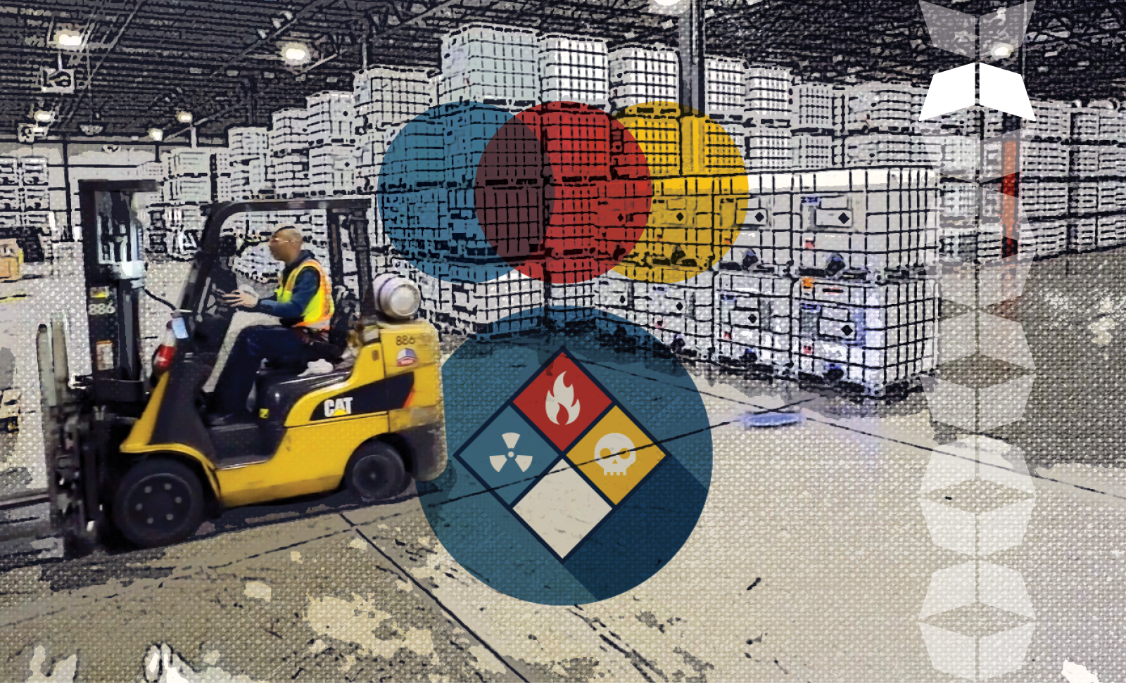 chemical storage warehouse with forklift and symbol for hazardous materials, representing the importance of using best practices for hazmat shipping