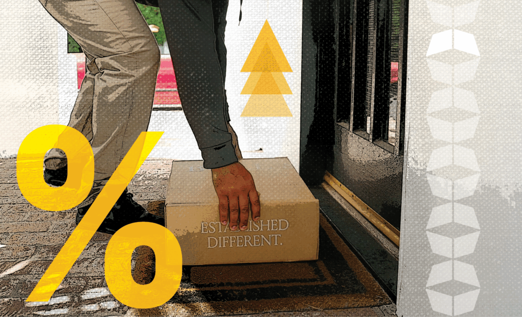Package on porch with percent sign, representing perfect order rate.