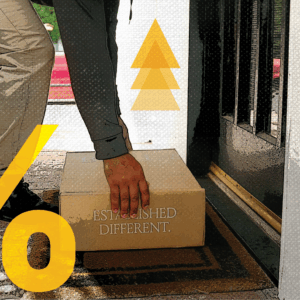 Package on porch with percent sign, representing perfect order rate.