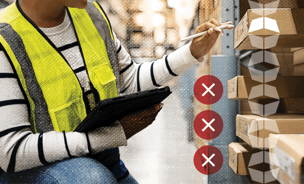 warehouse worker with tablet checking inventory with three "x"s, representing common BFCM ecommerce mistakes and how to avoid them