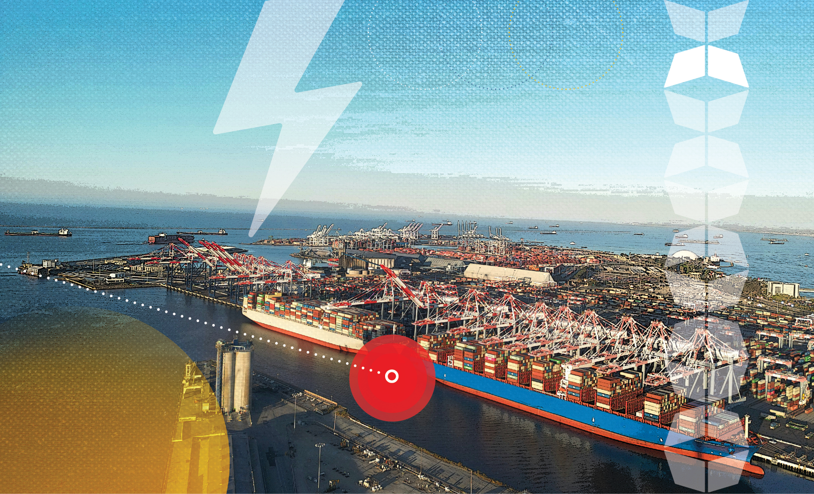 container ship with containers and a lightening bolt representing port disruptions