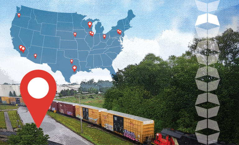 US map with location pins, a large pin, and a train, representing 3PL warehousing and fulfillment location