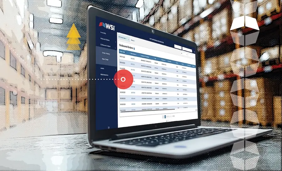 image of laptop screen showing WSI fulfillment technology portal on a table in an ecommerce warehouse