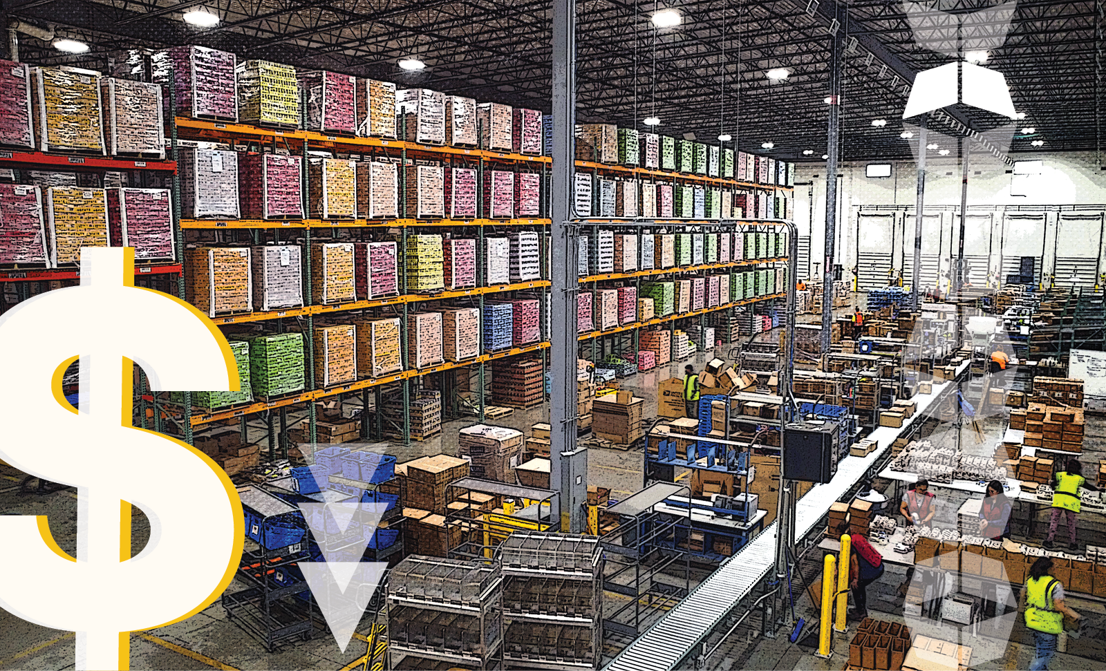 large warehouse with clean and efficient layout and dollar sign, representing how warehouse layout affects cost-savings and efficiency