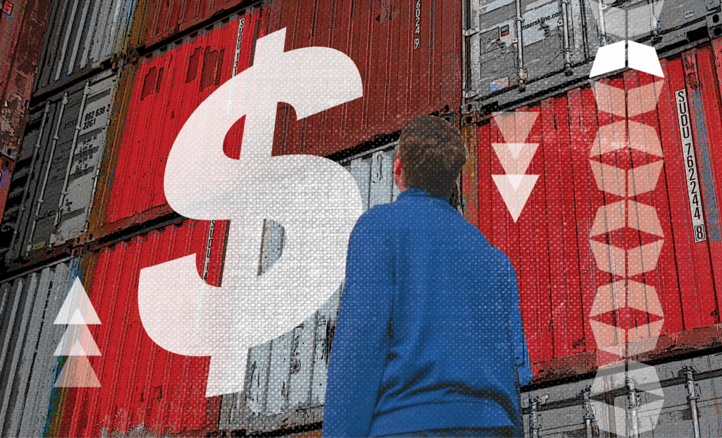 man looking at dollar sign and freight containers, representing the need to assess your mid-year freight costs
