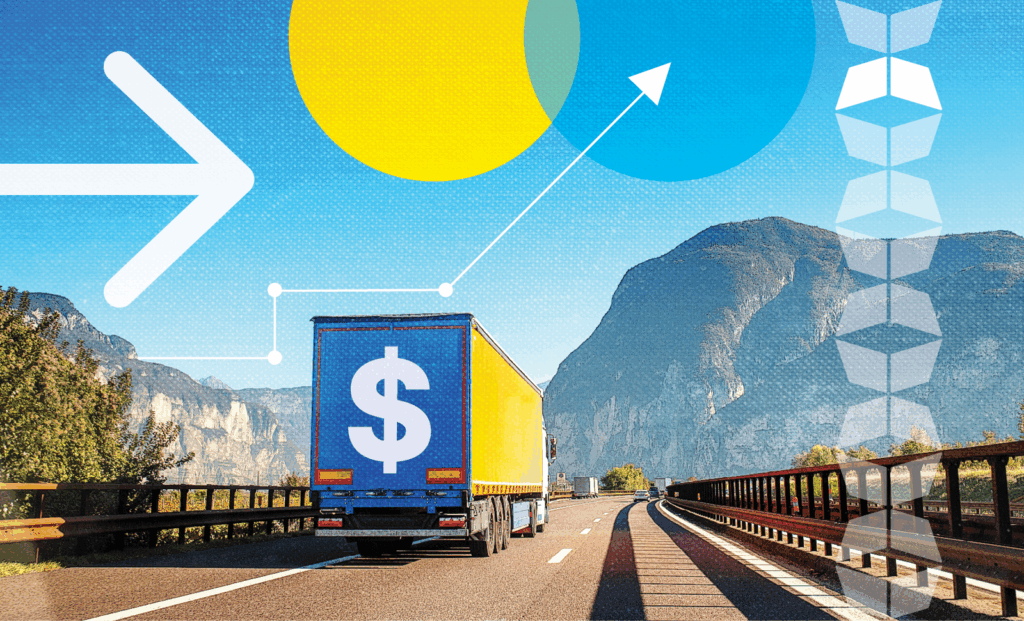 truck with dollar sign on road by mountains with and arrows, representing positive efforts to control freight costs