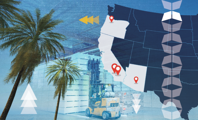 map with west coast region highlighted and picture with forklift and facility, representing regional manufacturing logistics