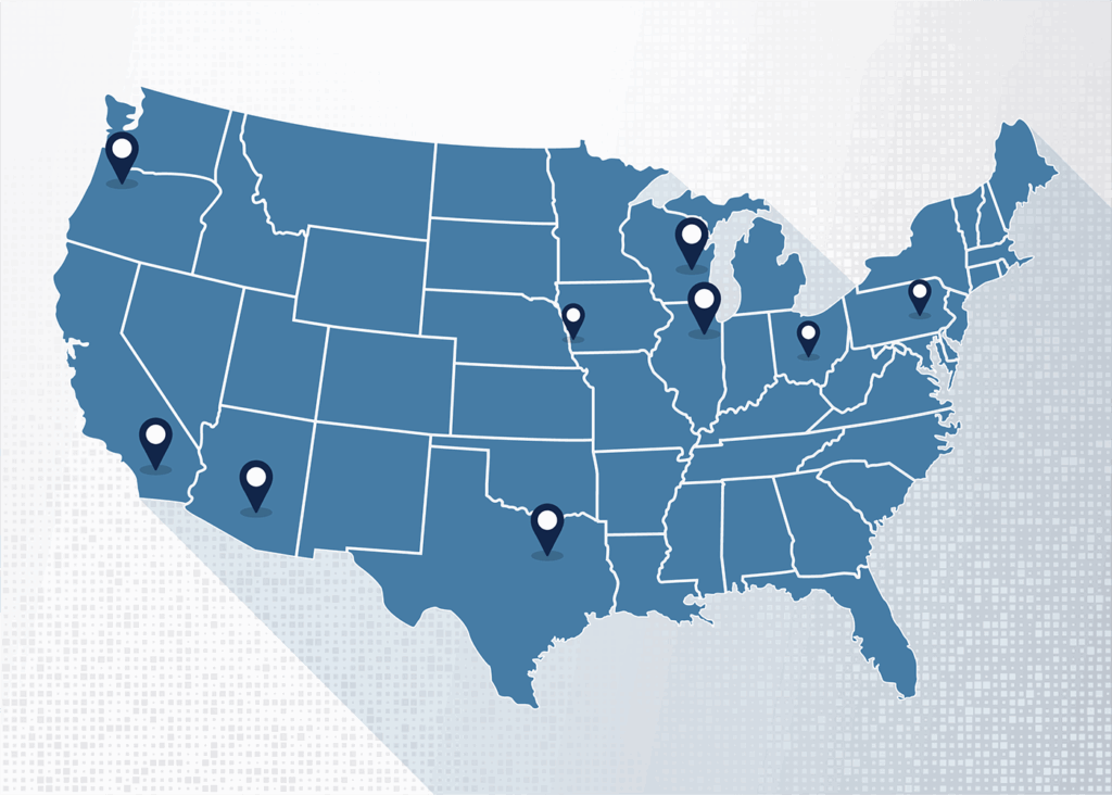 map of U.S. states with WSI warehouse and fulfillment center locations