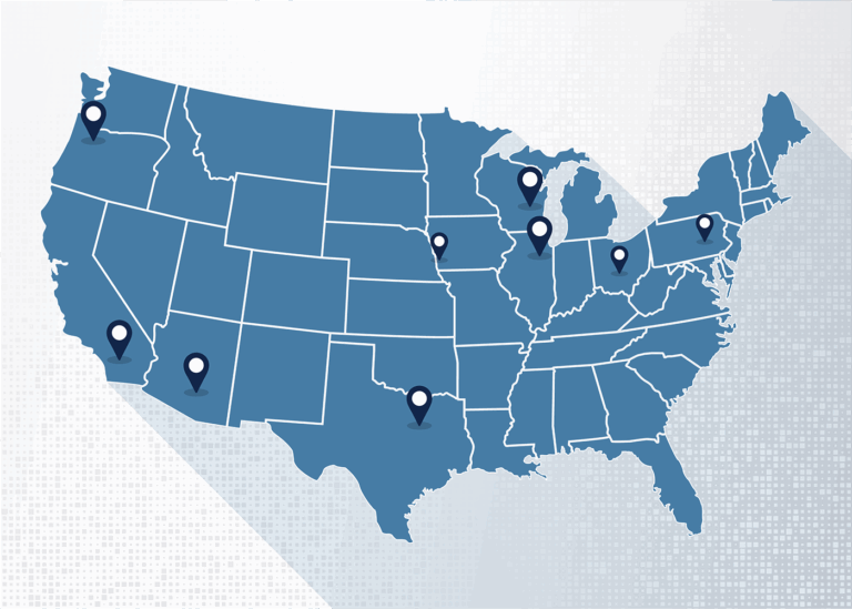 map of U.S. states with WSI warehouse and fulfillment center locations