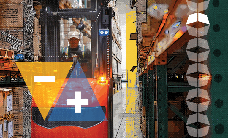 man on forklift in warehouse with plus and minus, signifying the importance of lean principles for efficient warehousing