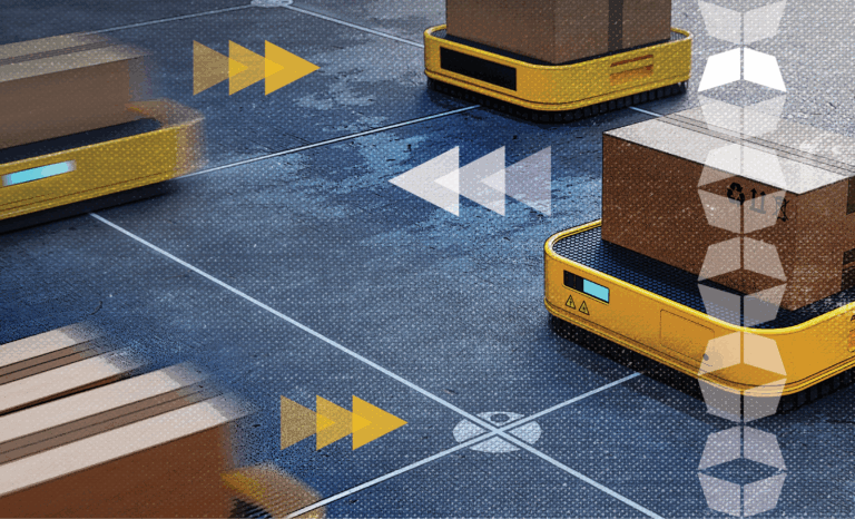 Boxes on robotic scooters in warehouse with arrows, representing leveraging automation in warehousing