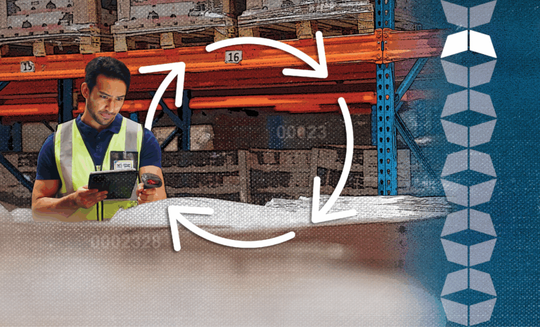 Man with clipboard in warehouse with circular arrows, representing cycle counting for warehousing efficiency and accurate inventory