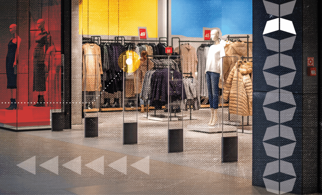 security entrances into a retail clothing store, representing the need to address and prevent organized retail crime