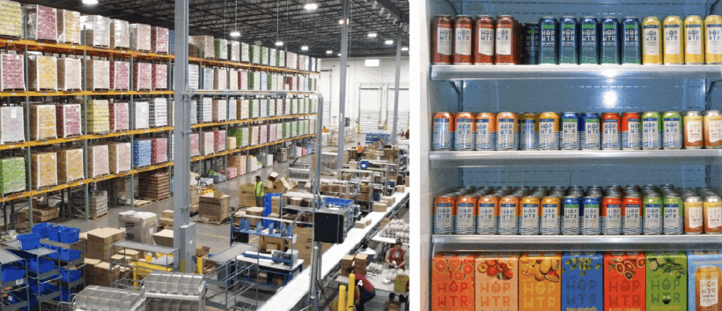 pallets of hopwtr cans in WSI beverage fulfillment warehouse alongside image of howtr on retail store shelves