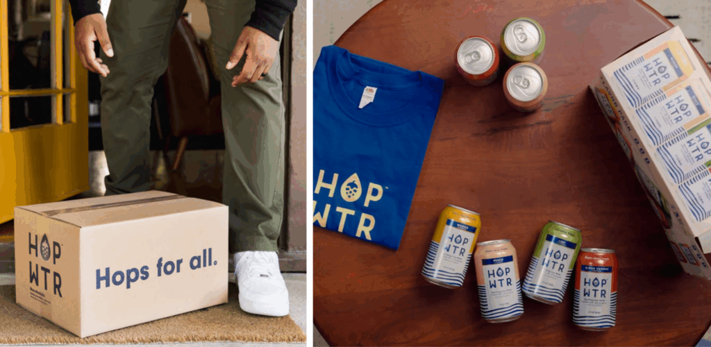 hopwtr door front delivery with box that says 'hops for all' 