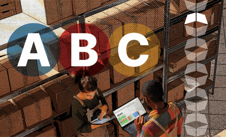 Boxes on shelving in warehouse and the letters A, B, and C, representing ABC inventory analysis and how it benefits businesses.
