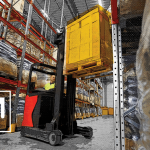 Warehouse worker with forklift and pallet in warehouse to represent the importance of 3PL onboarding for a smoother operational transition