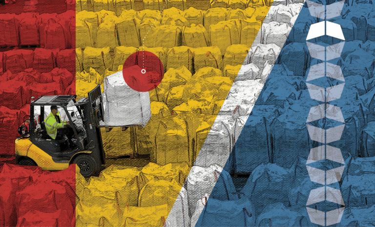 Forklift lifting FIBC in a warehouse filled with flexible intermediate bulk container, representing the importance of FIBCs in the modern supply chain