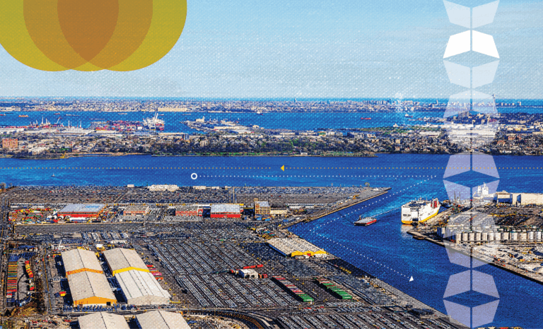 waterway, container yards, ships, and arrows representing why manufacturers and retailers are considering nearshoring and reshoring their operations