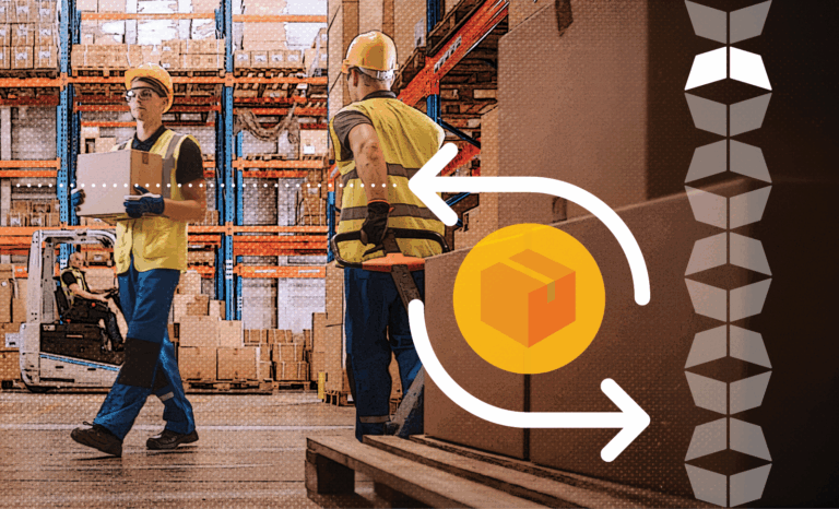 workers in warehouse with a box and reverse symbol around it, representing the importance of a clear returns policy