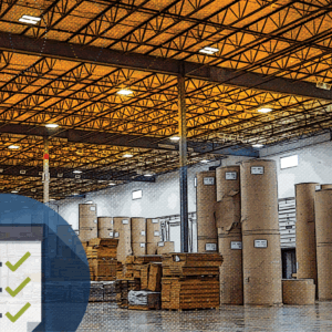 warehouse with overlay checklist, representing the importance of a well-done manufacturing 3PL RFP to find the right manufacturing logistics partner