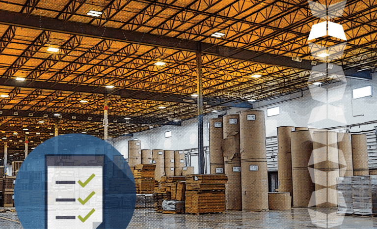 warehouse with overlay checklist, representing the importance of a well-done manufacturing 3PL RFP to find the right manufacturing logistics partner