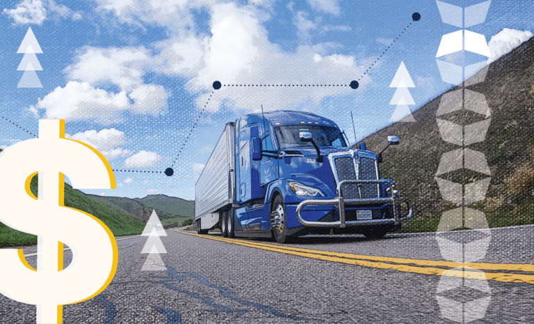 Truck on road with dollar sign and arrows pointing up, representing annual general rate increases in the transportation industry