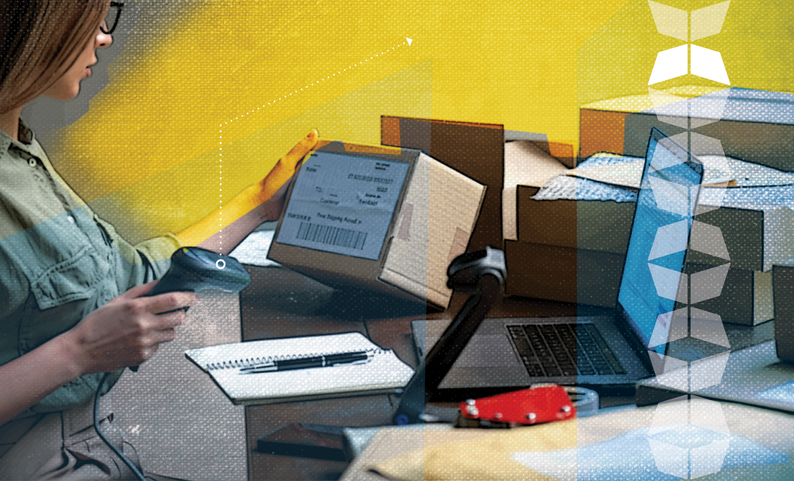 woman with multiple packages and scanner and computer, representing order splitting in logsitics operations