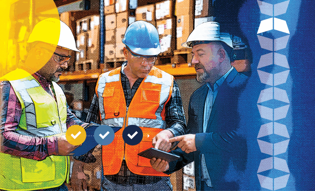 Warehouse with three men and a tablet, representing a team discussing a fulfillment SLA