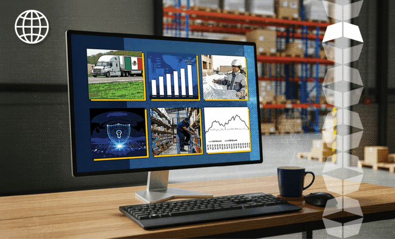 desktop in warehouse with news and blogs on the screen, representing a weekly news roundup featuring supply chain, warehousing, and transportation stories