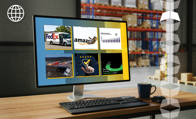 screen in warehouse next to coffee, representing reading WSI's bi-weekly news roundup