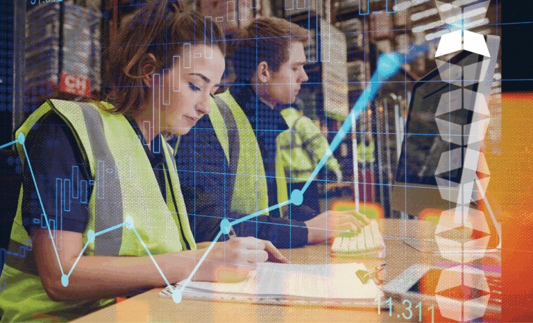 warehouse workers writing and on a computer with a graphic trending up, representing the importance of warehouse KPIs to improve efficiency