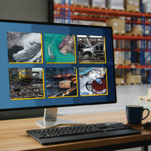 computer screen with images of current events on it, representing WSI's Warehouse Wire monthly news roundup